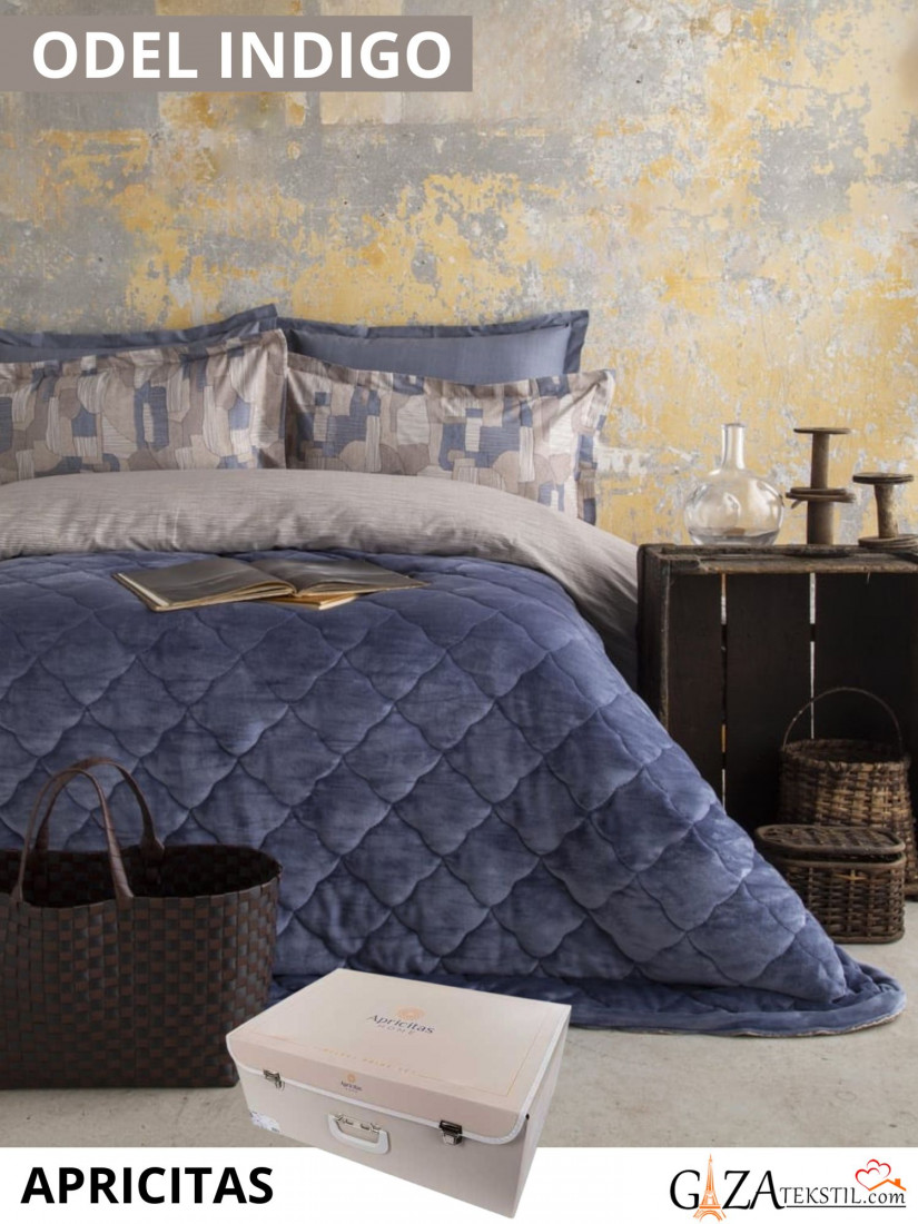 Apricitas Odel indigo | Покрывало велюровое стёганое с простынёй и наволочками — комплект 4 предмета